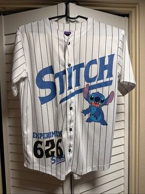 Disney White & Blue Pinstripe Stitch Baseball Jersey